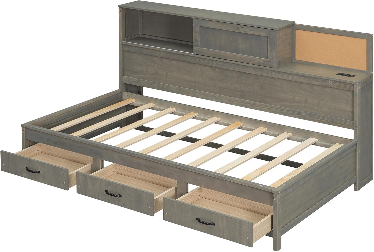 LUMISOL Twin Size Daybed with Built-in Storage Drawers & Shelves, Solid Wood Corner Bed Frame with Charging Station for Living Room, Apartment, No Box Spring Needed, Gray