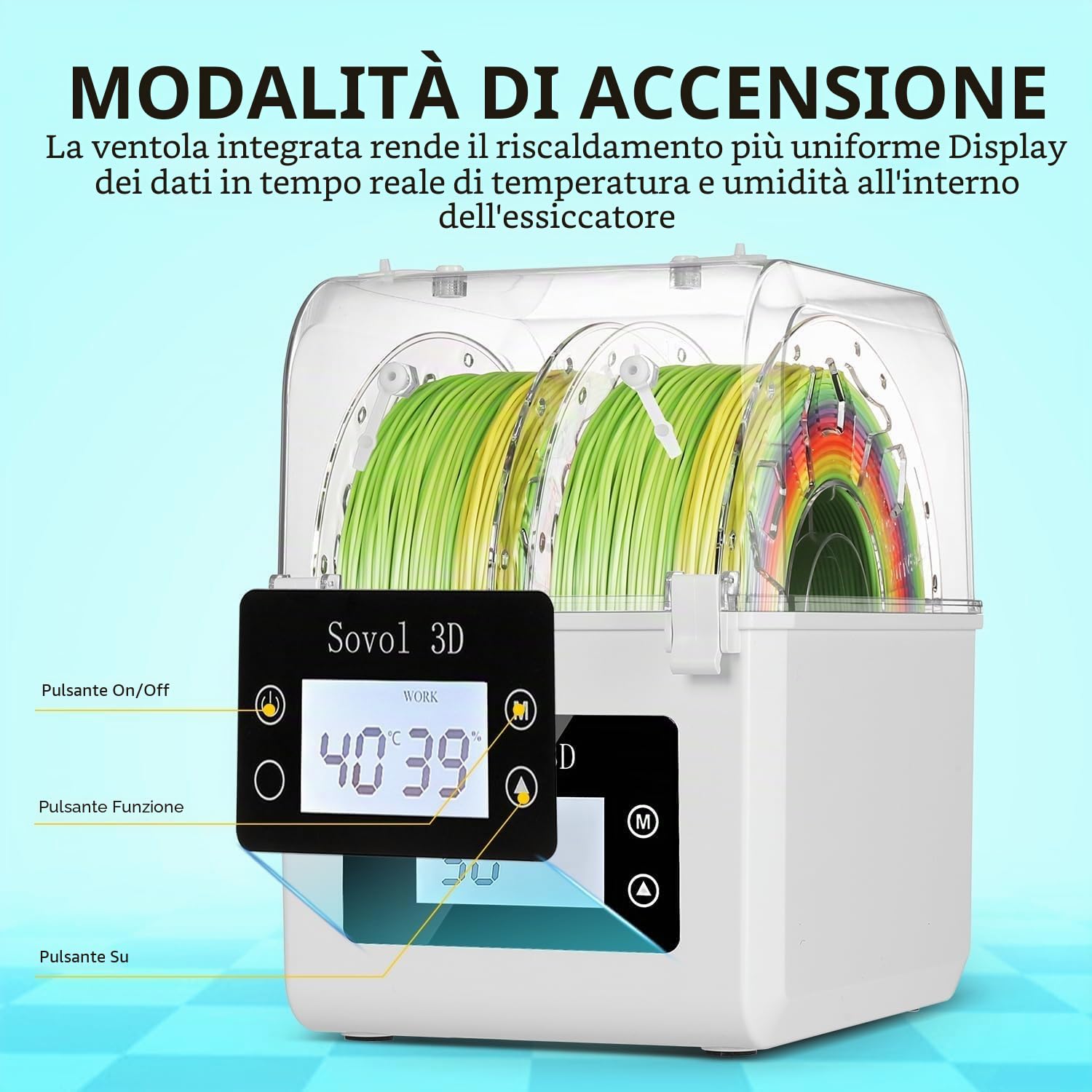 Sovol SH01 Essiccatore Filamento 3D Filament Dryer per 2 bobine di filamento 3D per PLA/ABS/TPU/altri materiali di stampa 3D, Bianco