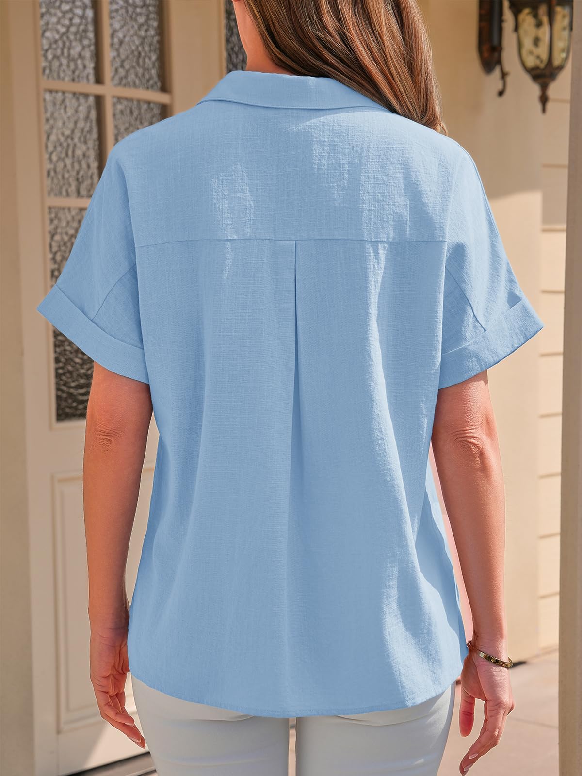 Cicy Bell Damen Sommer Kurzarm Baumwolle Blusen V Ausschnitt Button Down Shirts Casual Basic Tops mit Brusttasche