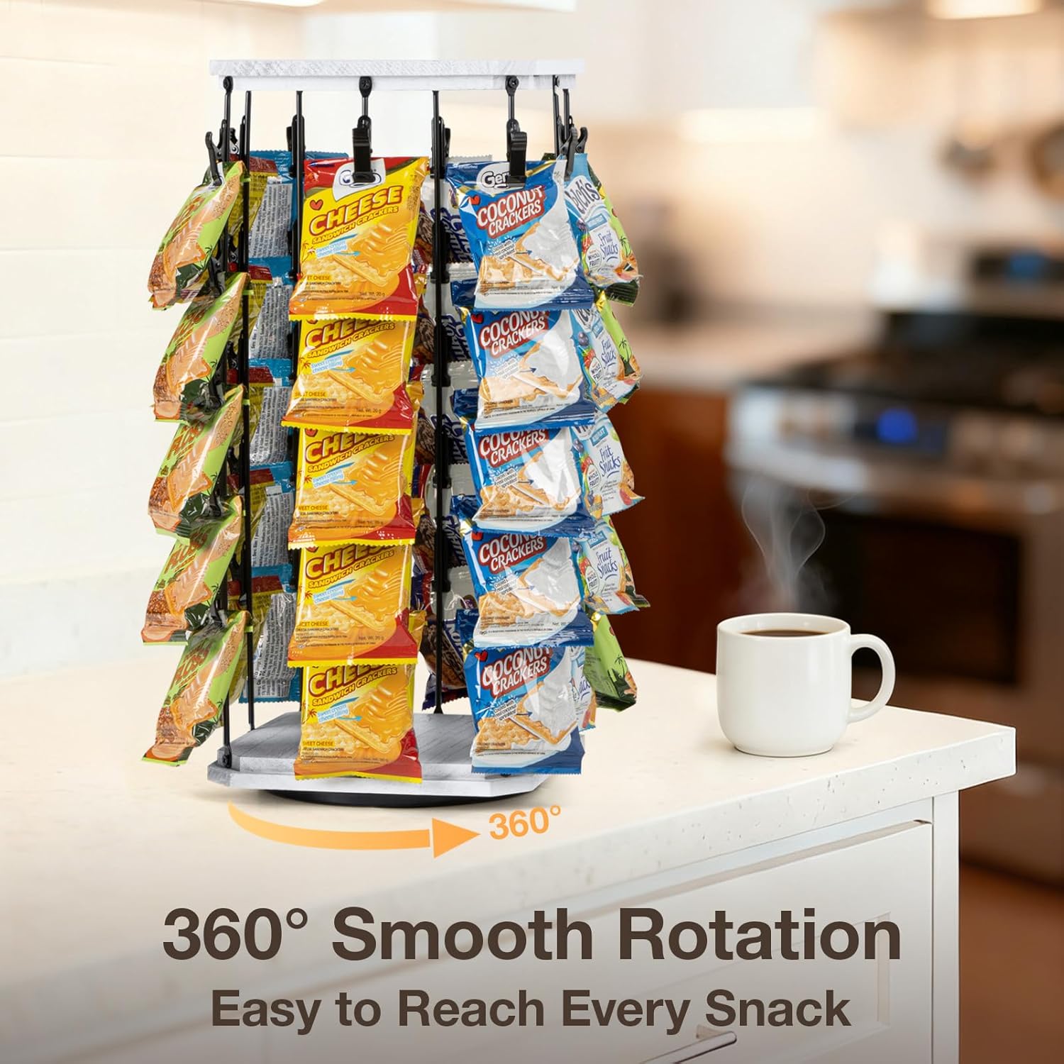 PUERSI Wooden Chip Rack Display Stand, 5 Tiers 40 Clips Rotating Snack Rack for Office Countertop, Snack Organizer Chip Storage Candy Display for Concession, Party, Retail, with Message Board - White