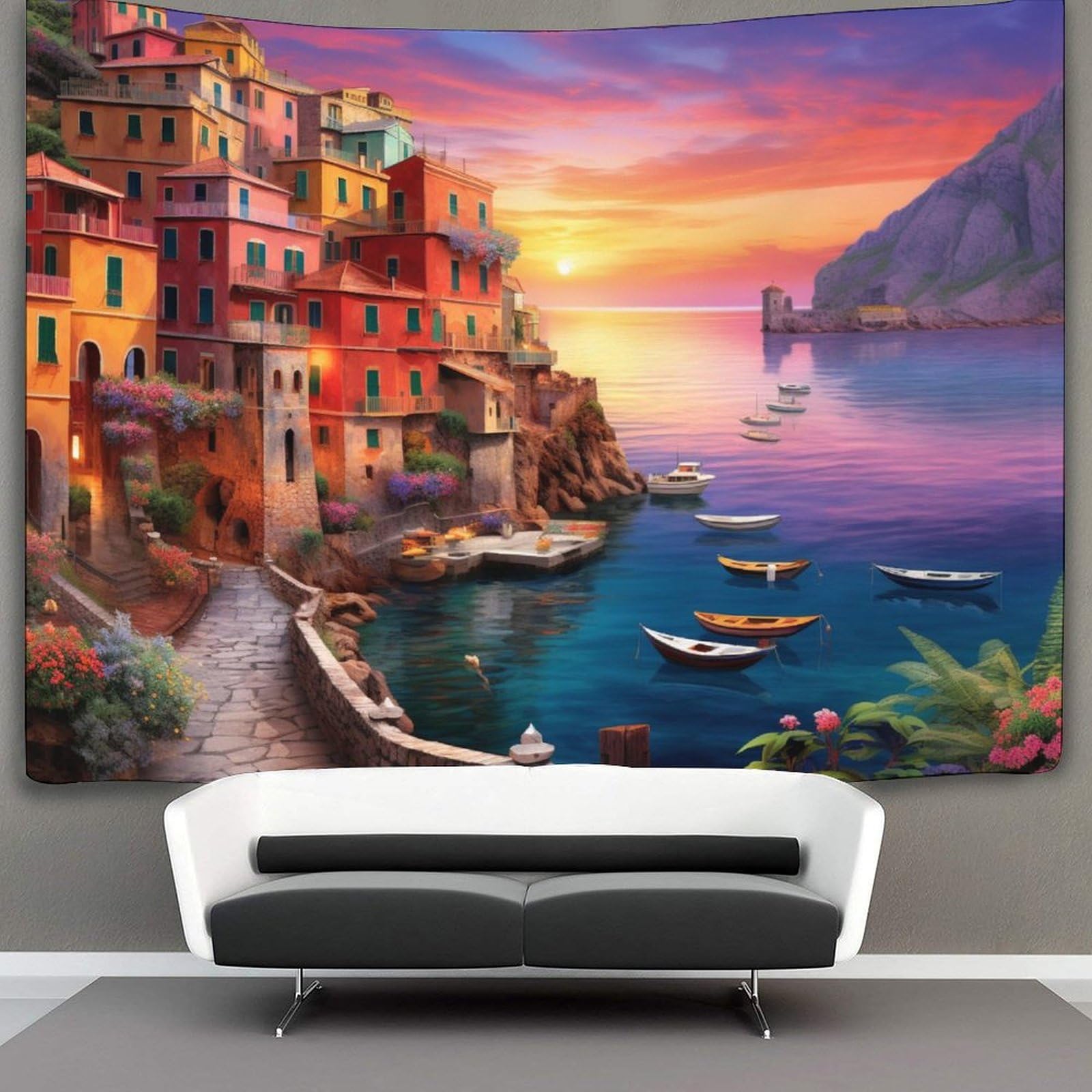 CTAMM Harbor Sunset Decorations Tapestry Wall Hanging Seaside Town 3D Printing Wall Blanket Wall Hanging Poster for Living Room Bedroom Dorm Decor 130cmx150cm