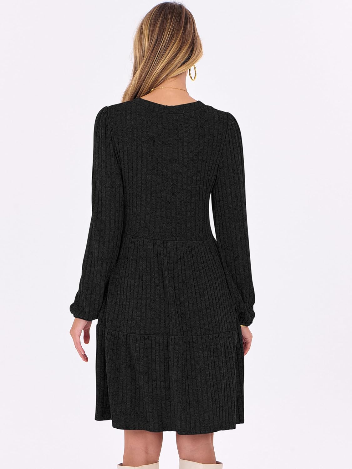 ANRABESS Long Sleeve Dress for Women Fall Fashion Outfits 2025 Casual V Neck Rib Knit Babydoll Sweater Dresses with Pockets - Image 6