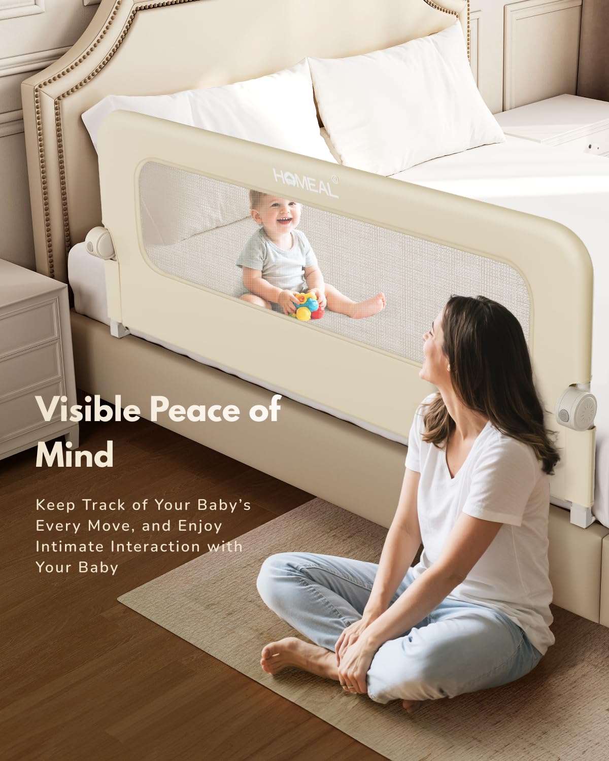 HOMEAL Barandilla de cama para niños pequeños con base en forma de U – 47 x 24 pulgadas, protector plegable para cama de bebé tamaño King, Queen, matrimonial, individual, beige, 1 paquete