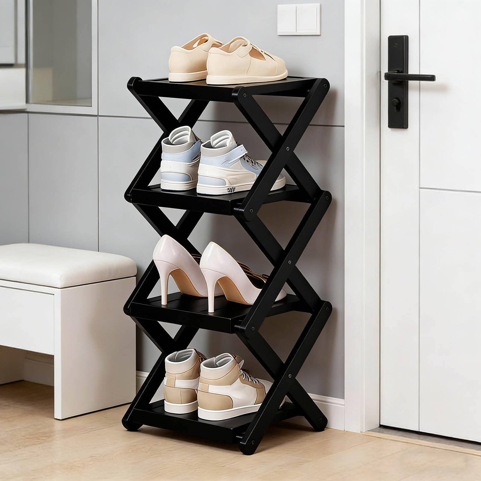 Bamboo Rack for Shoes, Tall Narrow Foldable Shoe Organizer, Space-Saving Multifunctional Shelf for Entryways Corners Bedrooms, Strong Load-Bearing Capacity, No Assembly Required (Black_4 Layers)