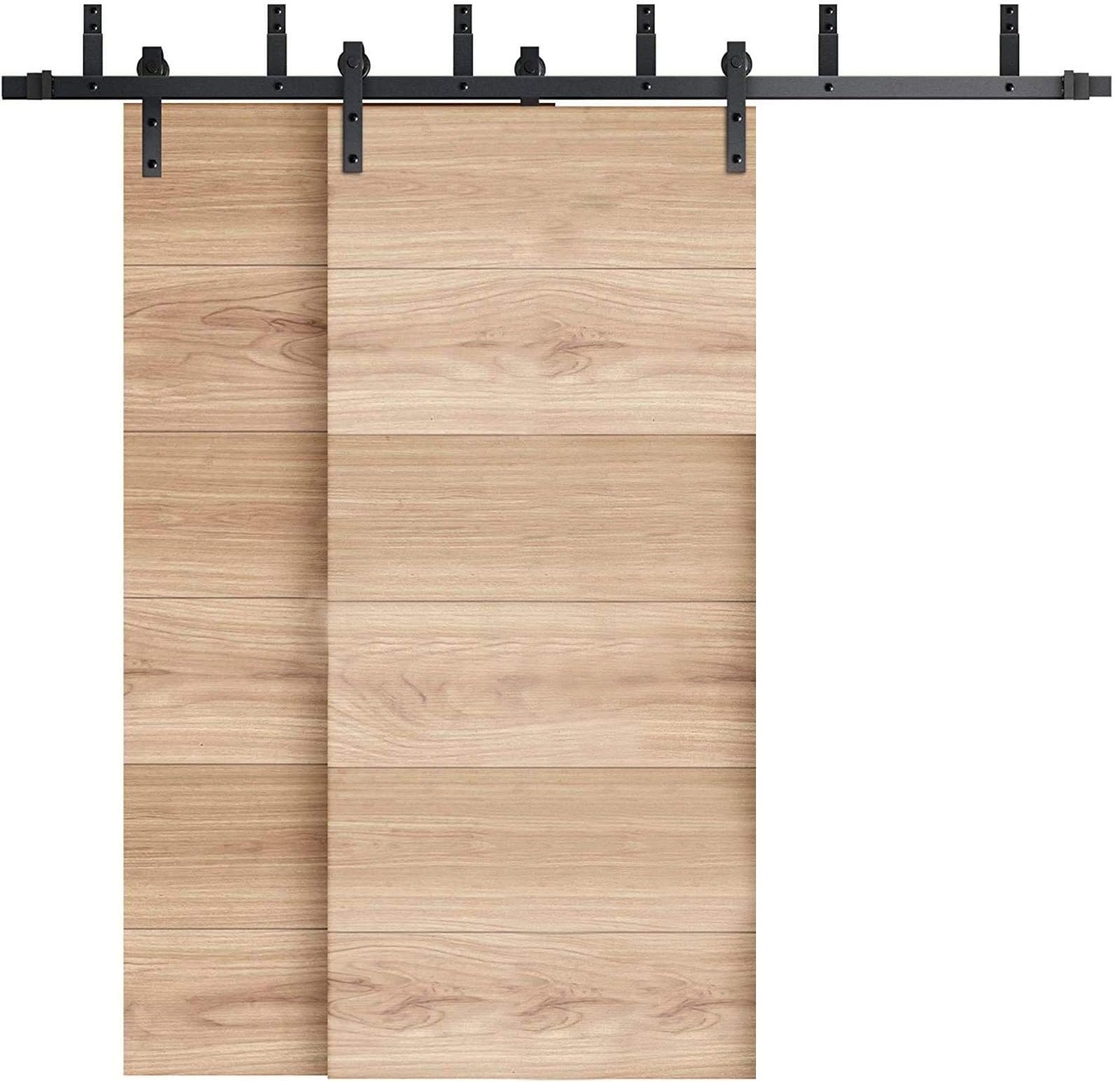 INDUSTRIAL BY DESIGN – 8ft Double Bypass Sliding Barn Door Hardware Kit – Ultra Quiet, Designers Choice, All Parts Included, Easy Installation with DIY Video Instructions