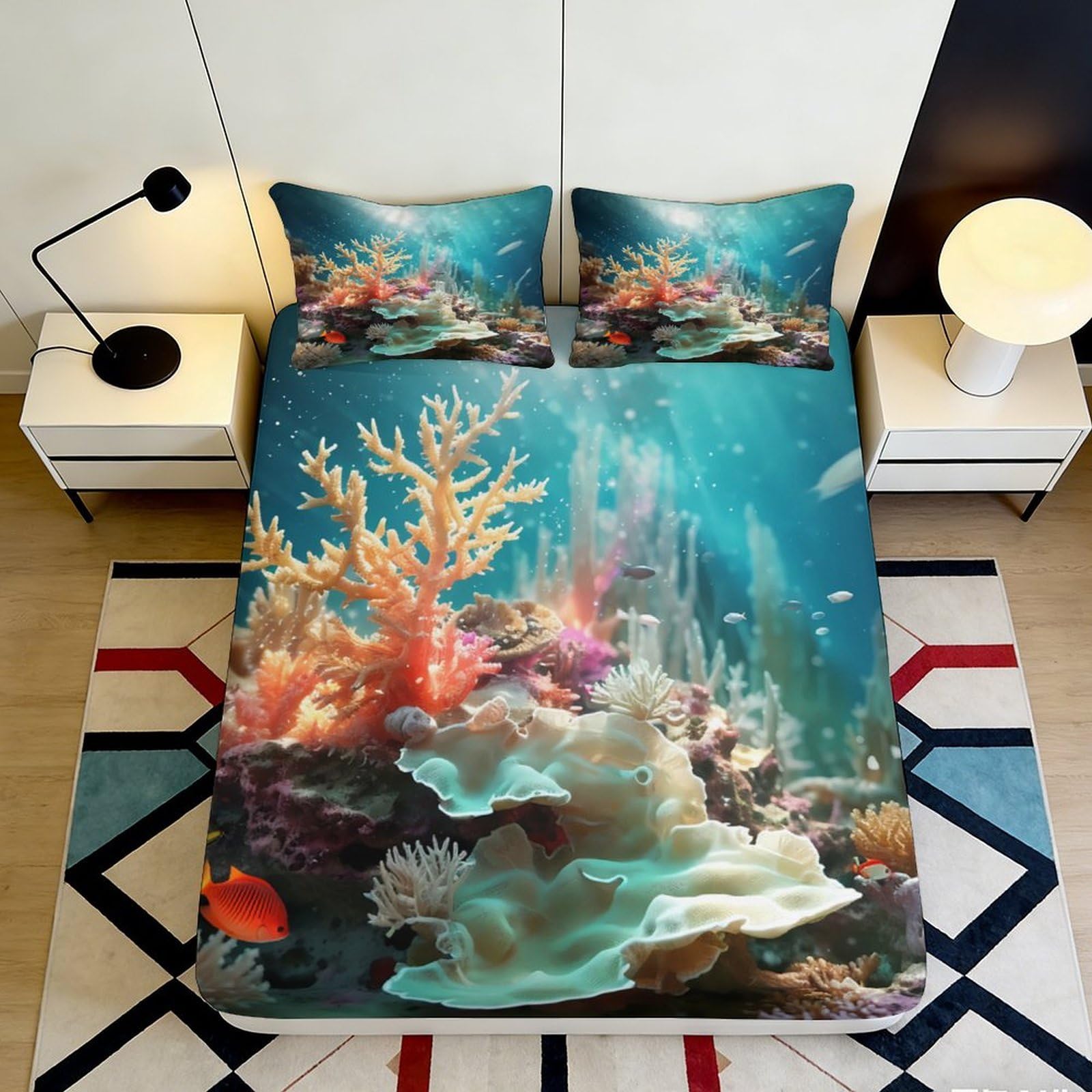 3D Printed Underwater Coral Reef Fitted Sheet Microfiber Soft Mattress Cover for Bedroom Decor Dorm Room Protector 90x200x25cm