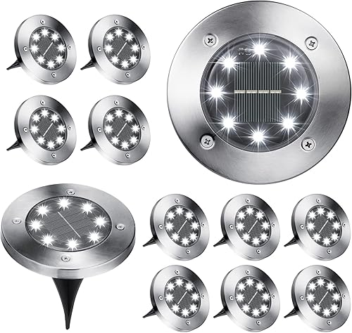 Brizled Luces solares de tierra, paquete de 12 unidades de 8 luces LED para el suelo, luz de disco solar impermeable, iluminación de jardín,