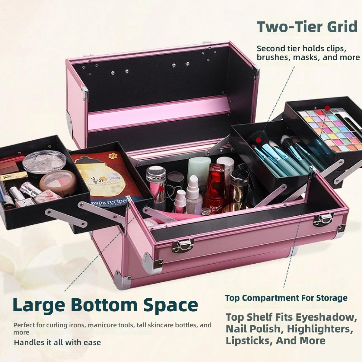 Etui na przybory do makijażu – przenośny aluminiowy organizer do makijażu z zamykanymi zatrzaskami, wysuwane tace, przestronne miejsce do przechowywania dla profesjonalistów kosmetycznych i