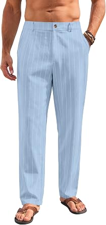 Mens Linen Pants Lightweight Casual Pants Straight-Legs Loose Fit Summer Beach Yoga Trousers with Pockets