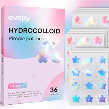 Pimple Patches for Face, Cute Hydrocolloid Acne Patches, Colorful Hologram Star Sport Stickers, Zits & Blemish, Pimple Patch with Salicylic Acid, Blue Pink Star Moon Flower 12MM 36 Count
