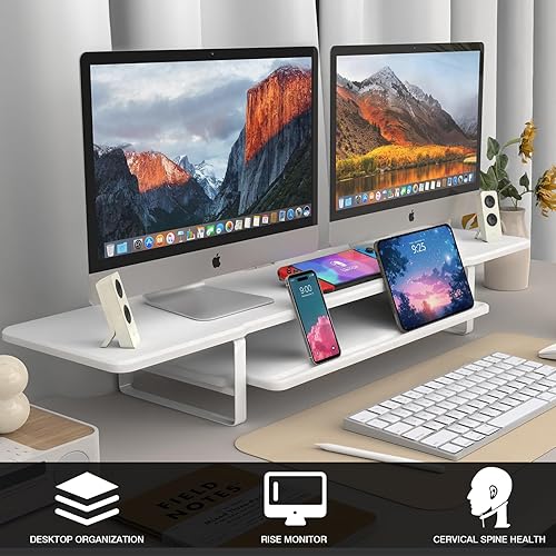 Miniatura 2 de Soporte para monitor doble, elevador de monitor de madera de 2 niveles con almohadilla, soporte para teléfono, organizador de almacenamiento,