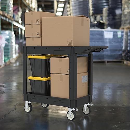 Miniatura 6 de Carrito utilitario de plástico resistente de 2 estantes, carrito de servicio con estante profundo que soporta hasta 1000 libras, carrito utilitario