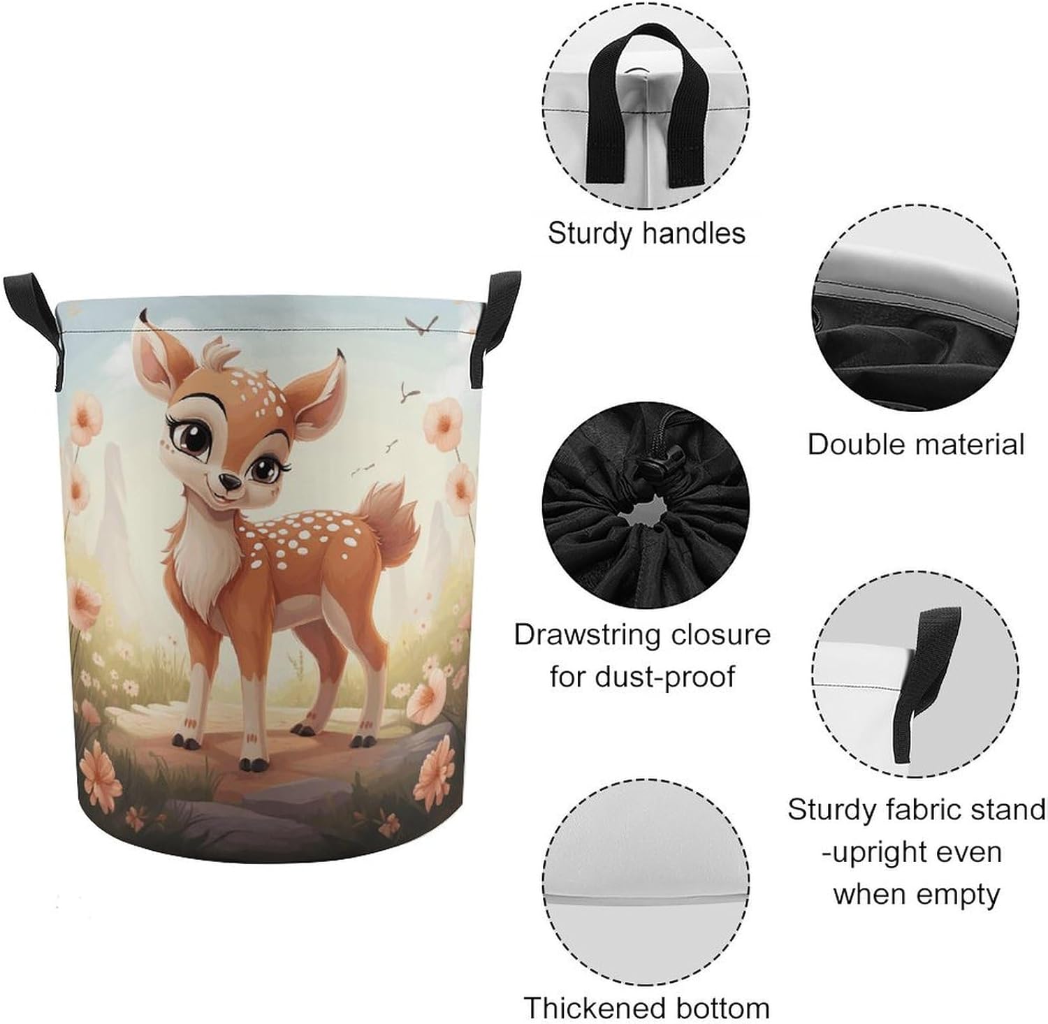 Lovely Deer Laundry Basket Collapsible Clothes Hamper with Reinforced Handles Large Capacity Waterproof Laundry Bag Freestanding Laundry Hamper for Bedroom Bathroom