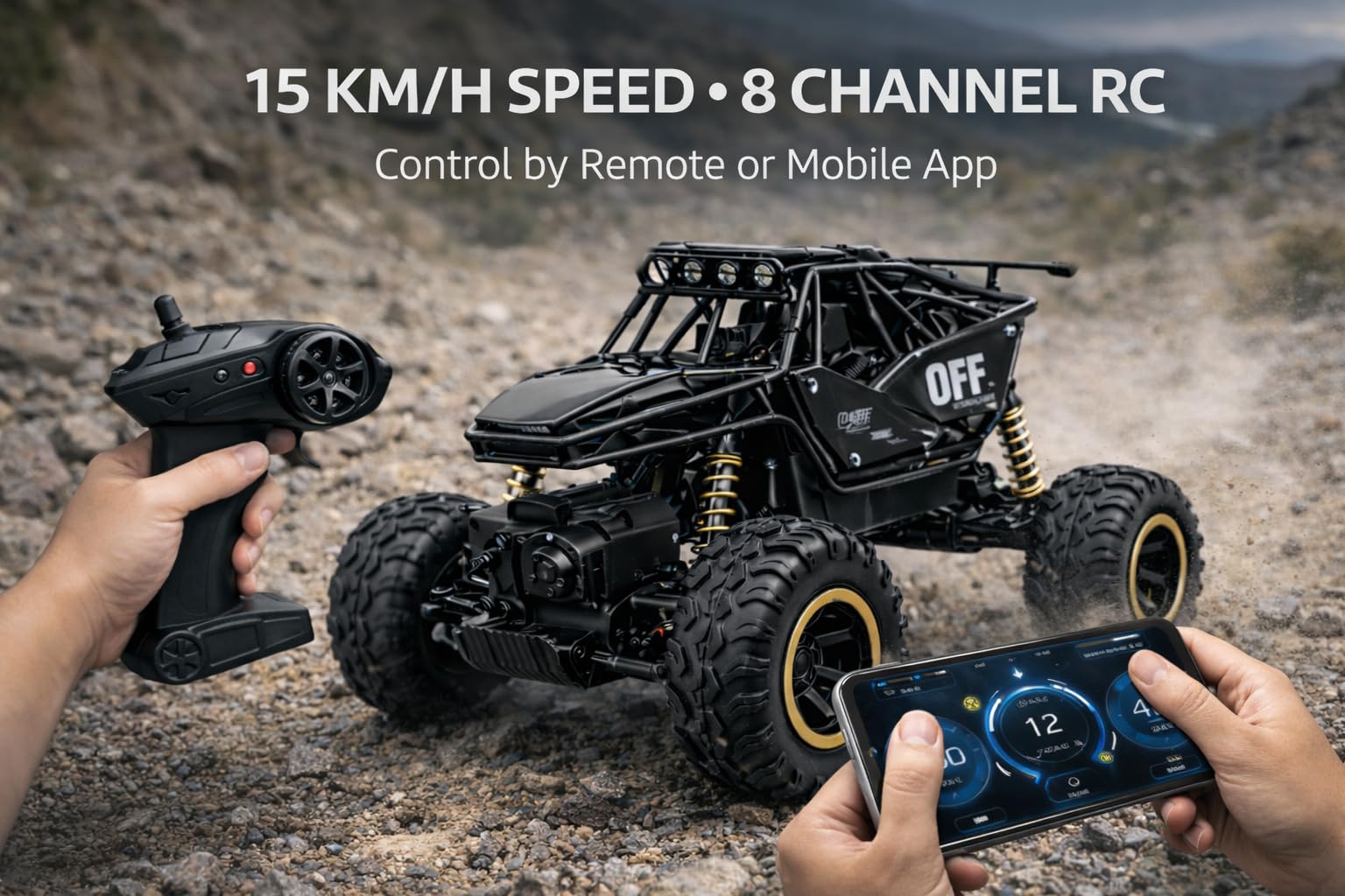 PB Prime Brands Rock Climber RC Car with Bluetooth Music, Mist Spray & LED Lights | 4WD 2.4GHz Off-Road Remote and Mobile Control Car | Dual Motor, Shock Absorber | Rechargeable Battery (Black) 2
