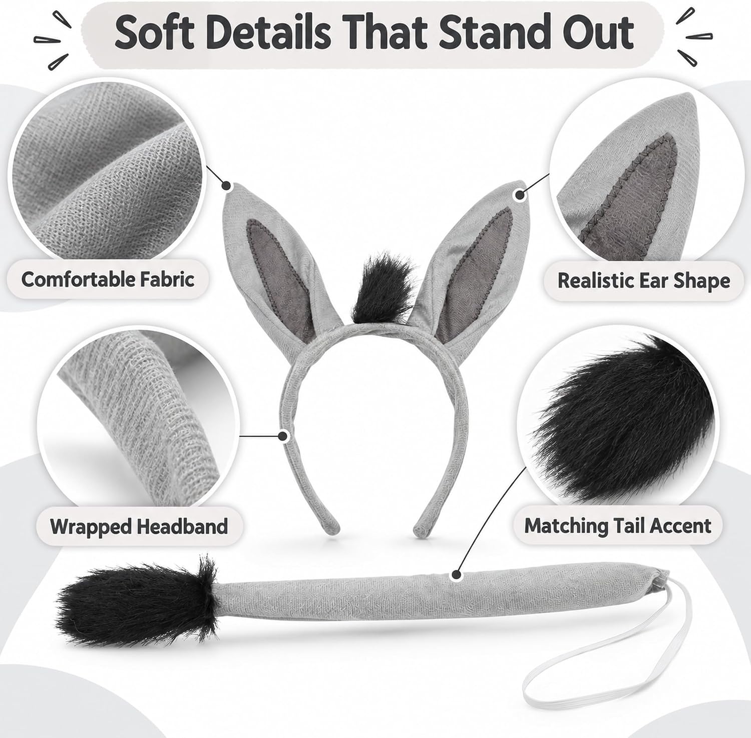 Donkey Ears Headband and Tail Costume Set, Gray Animal Accessories