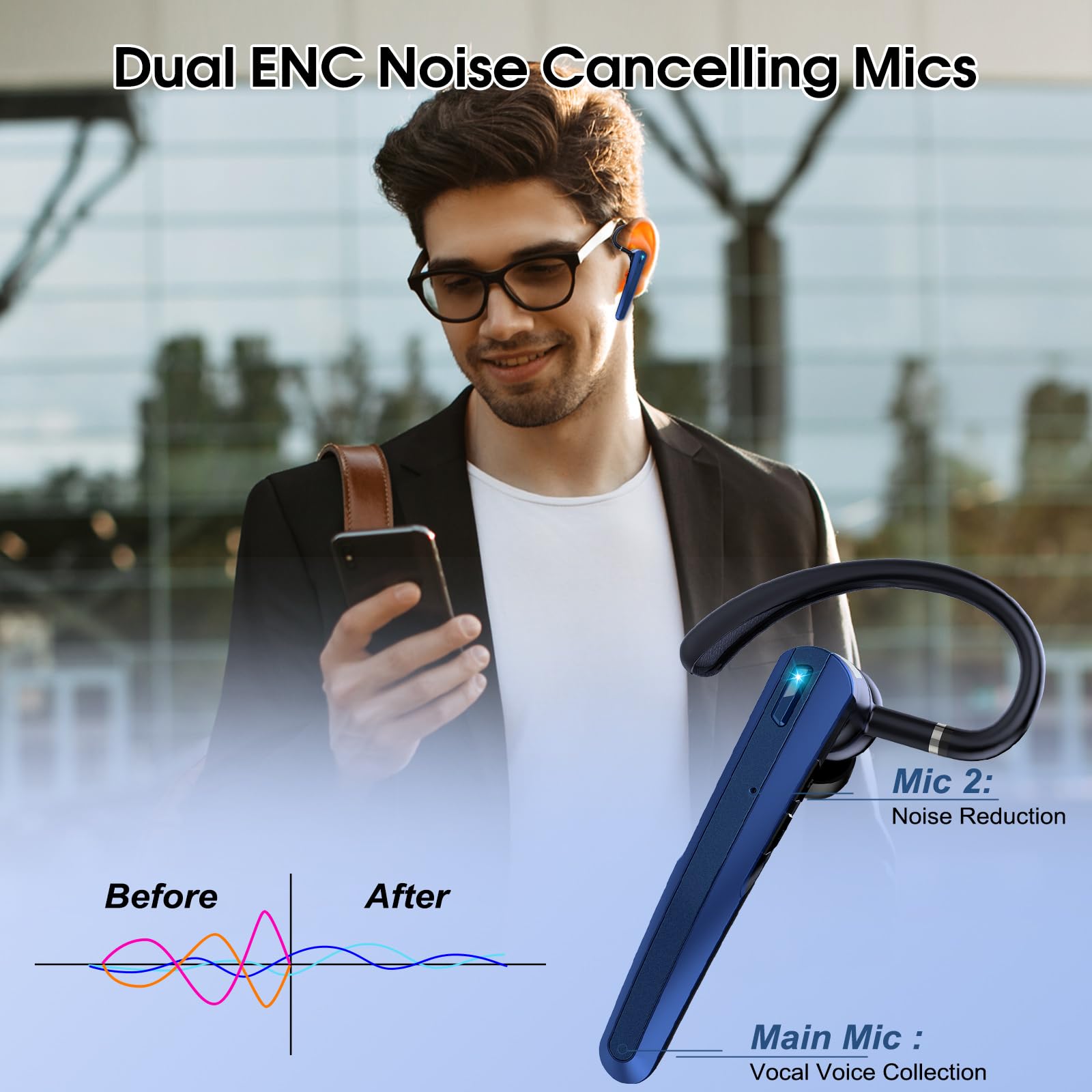 Bluetooth Headset V5.3, Bluetooth Earpiece with ENC Noise