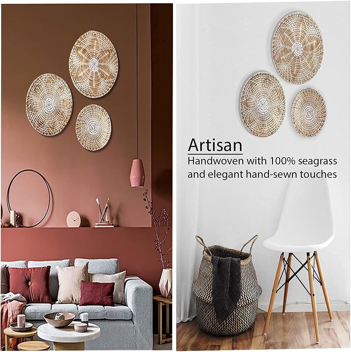 Hanging Woven Wall Basket Decor Set of 3 | Seagrass Baskets Wall Decor | Perfect For Natural Boho Home Decor | Handmade Decorative Baskets with a hook on the Back | Unique Wall Art