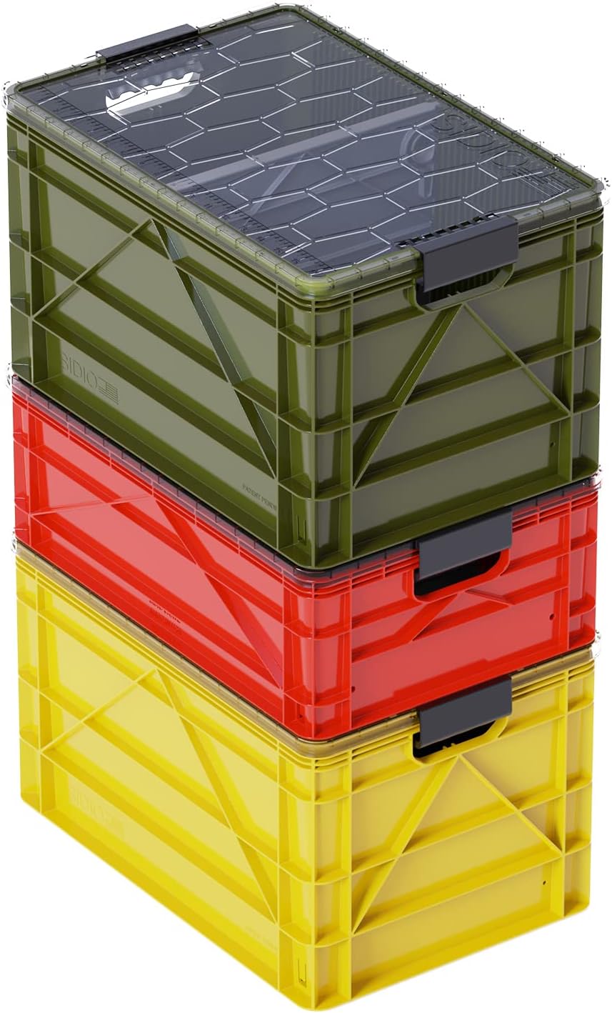 CRATE Starter Pack - Two Full Size and One Half Size SidioCrate, Stackable Outdoor Organizer Storage Bins with Clear Lid and Dividers - UTILITY Variety Pack