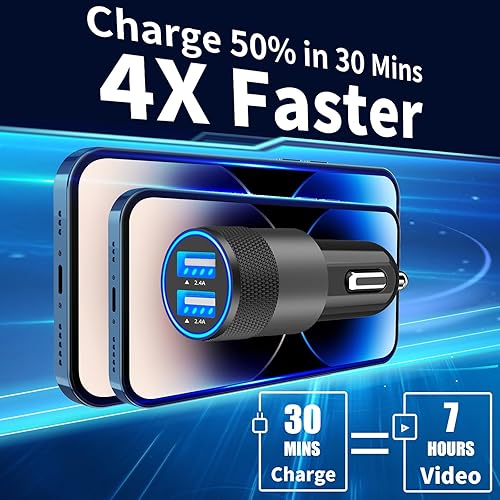 Miniatura 3 de MFi CertifiediPhone Car Charger Fast Charging, Rombica 4.8A Dual USB Smart Power Cigarette Lighter USB Car Charger with 2Pack Lightning Braided
