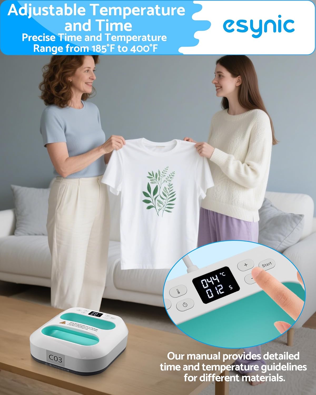 eSynic Hand held Heat Press Machine 9x9 Inch-Digital T-Shirt Press with Ceramic Heating Plate & LED Screen Timer- 110V/900W for DIY Crafts/T-Shirts/Tote Bags-Includes Safety Base & Practice Transfers