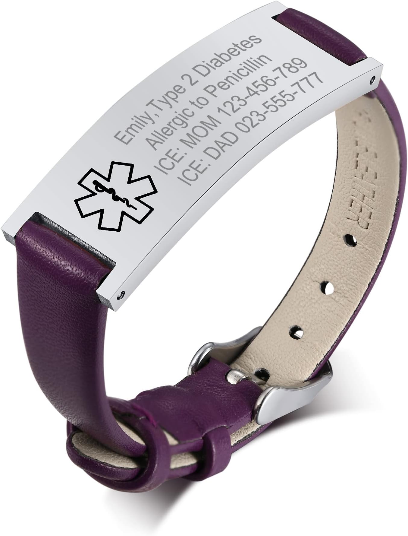 VNOX Personalised Medical ID Leather Bracelet for Women Engraved