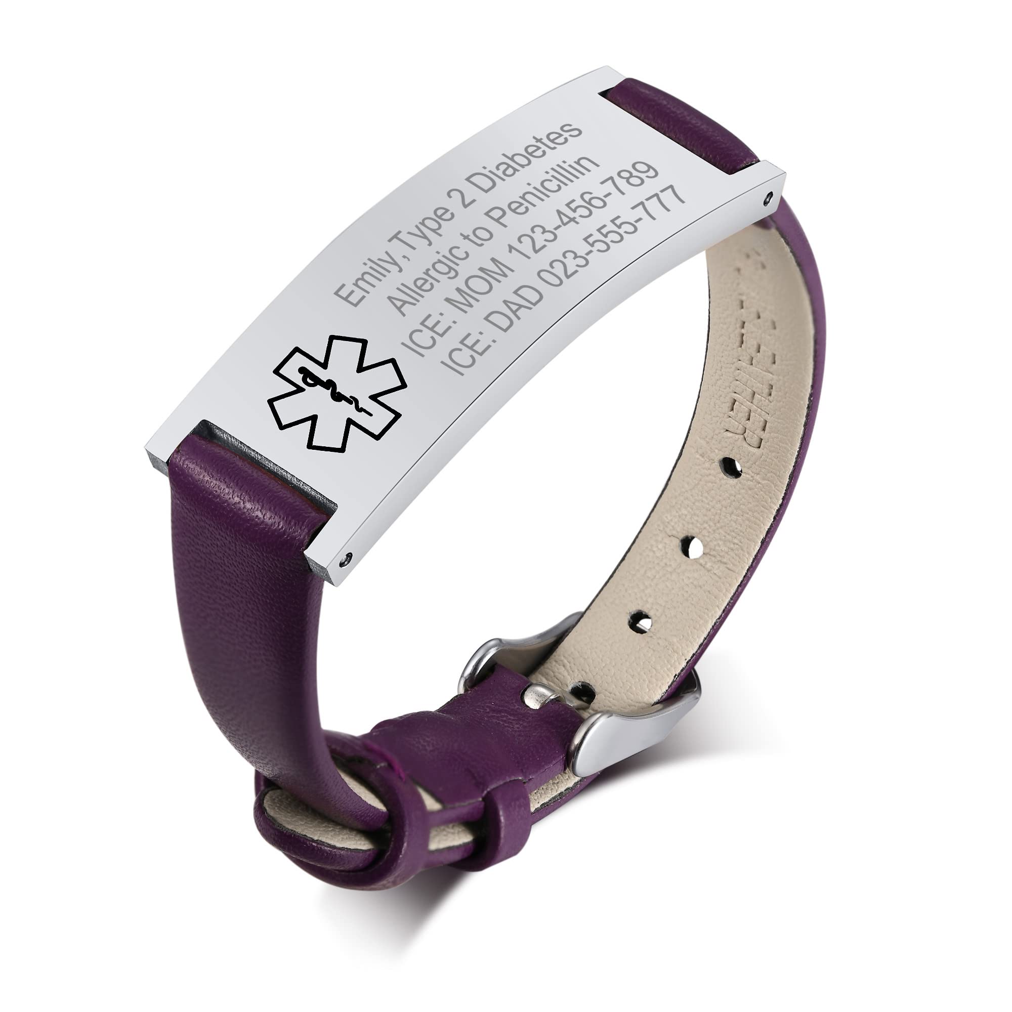 VNOXCustomize Medical ID Leather Bracelet for Women Girl Personalise Engraving Medical Alert Leather Wrist Cuff Bracelet Satinless Steel Engraving Metal and Clasp,RW Color