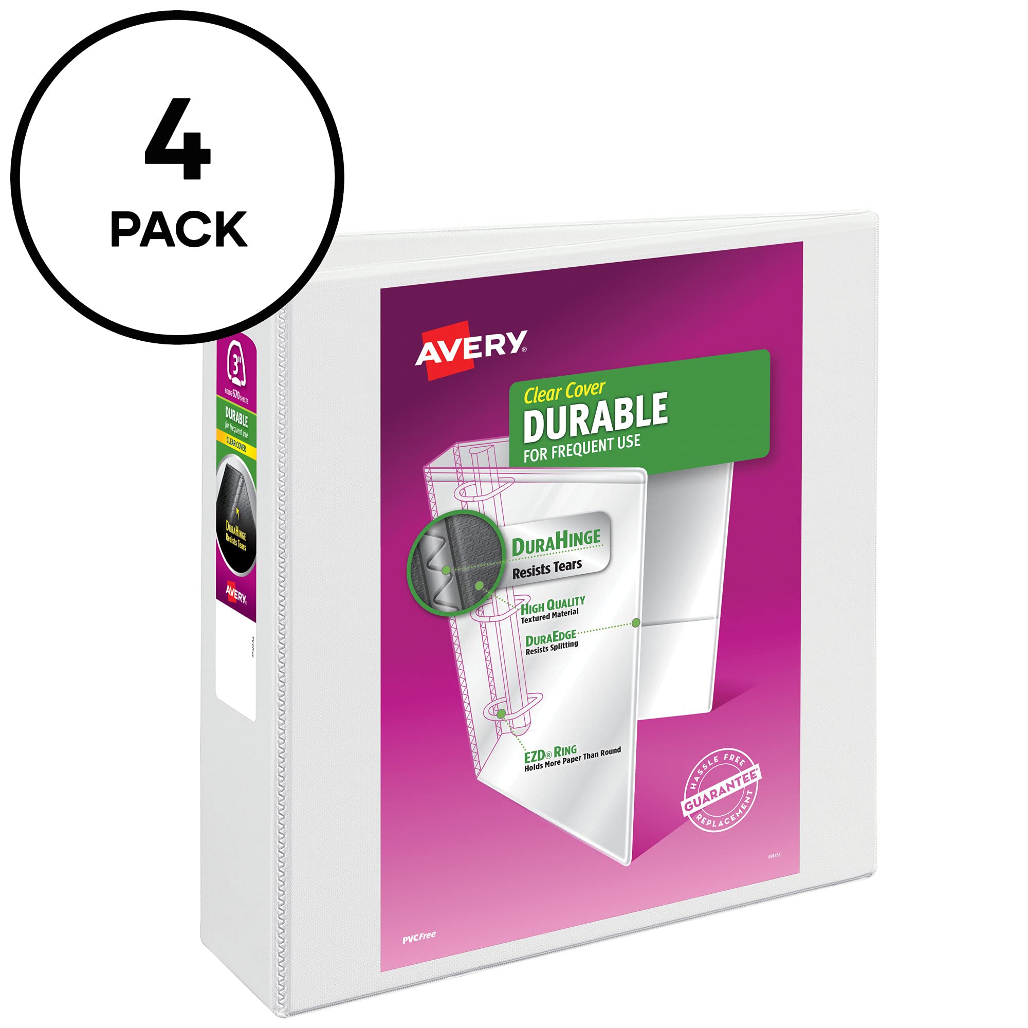 Avery Durable Clear View 3-Ringbinder, 7,6 cm Ringbinder, 4 weiße Ordner (09203)