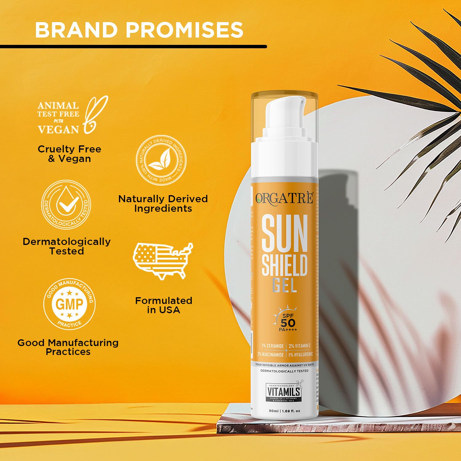 ORGATRE Sun Shield SPF 50 PA++++ Sunscreen for Women & Girls, Vitamin C, Niacinamide & Hyaluronic Acid, Non-Greasy, No White Cast, Water Resistant, Face Cream for Glowing Skin & Acne Prone Skin 50gm - Image 6 thumbnail