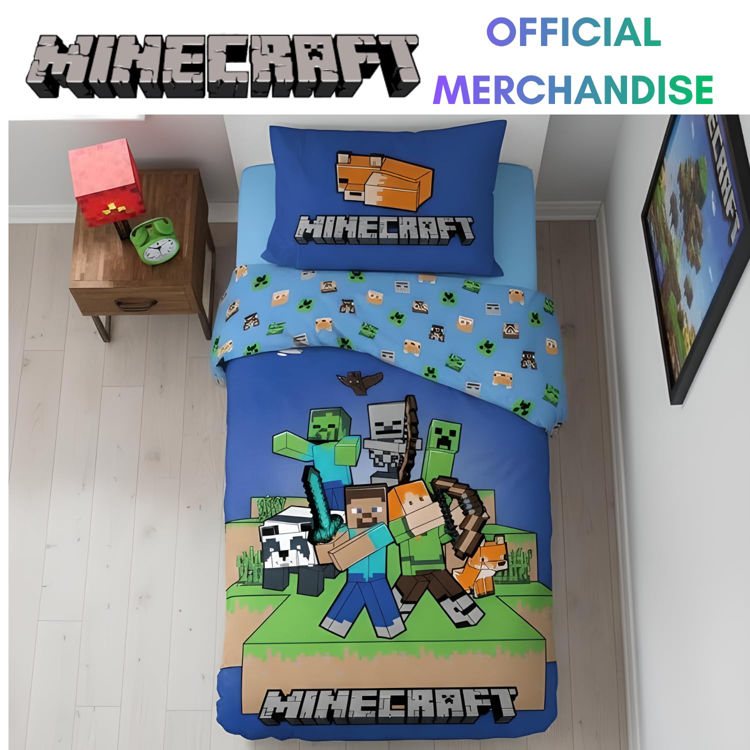 Minecraft Pościel dla dzieci, poszwa na kołdrę 140 x 200 cm i poszewka na poduszkę 50 x 70 cm, 100% bawełna, miękka, oddychająca i dwustronna, wzór Minecraft "Ready to Survive"