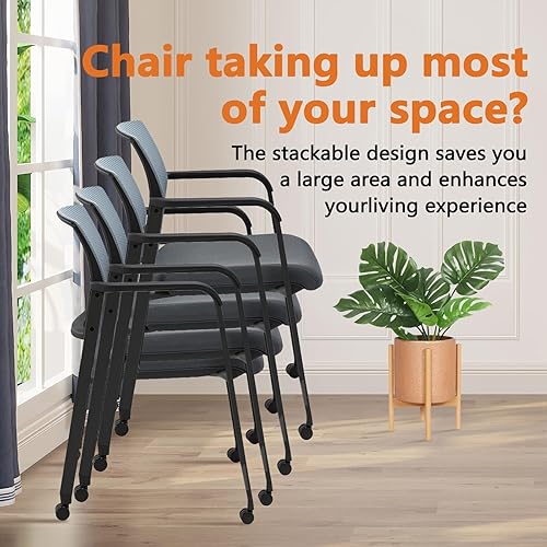 Miniatura 7 de CLATINA Silla de recepción de invitados con respaldo de malla con ruedas, sillas de sala de espera con asiento de tela tapizado y soporte lumbar