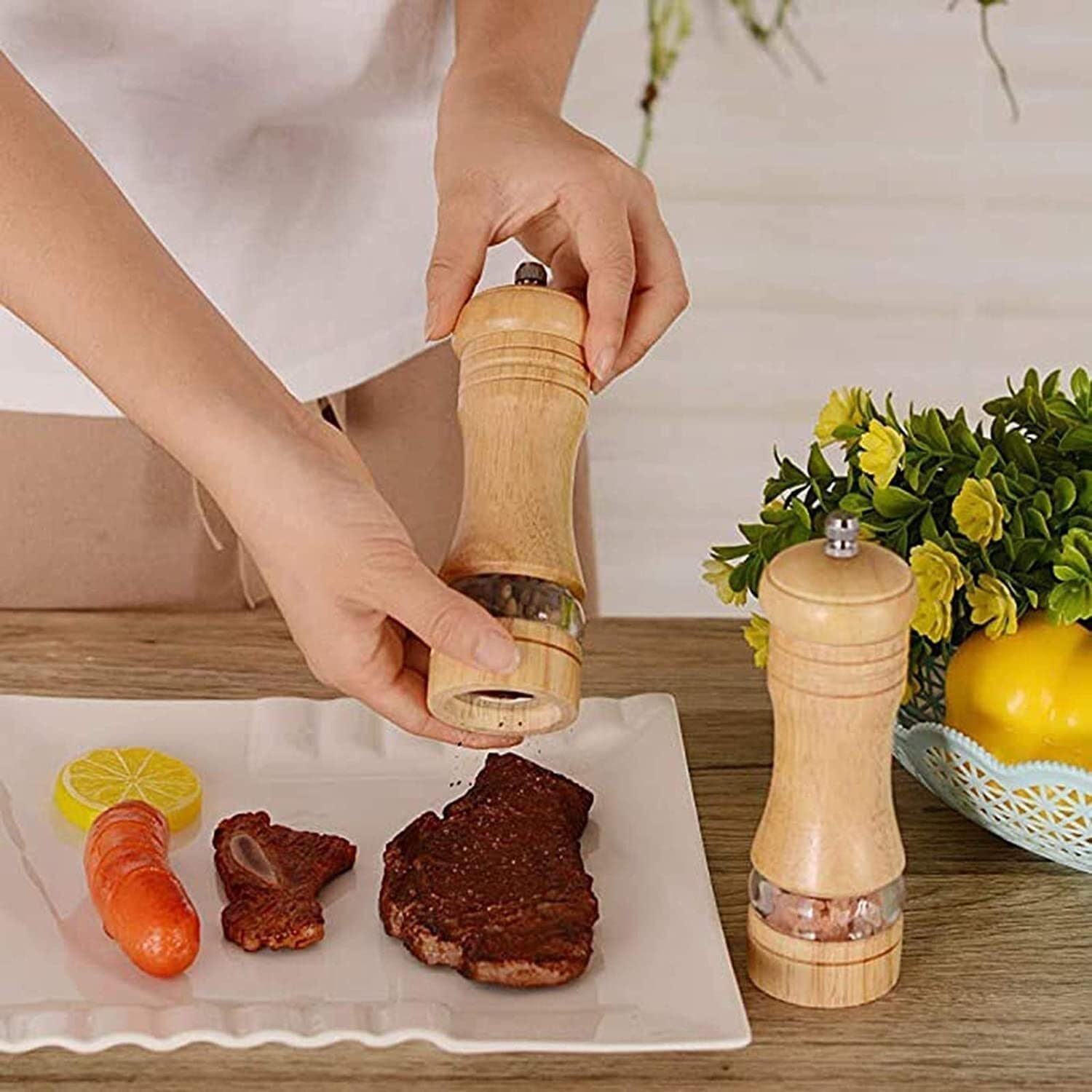 Salt and Pepper Grinder Set – Manual Wooden and Acrylic Shakers with Adjustable Ceramic Core, Pack of 2, for Fine to Coarse Grinding