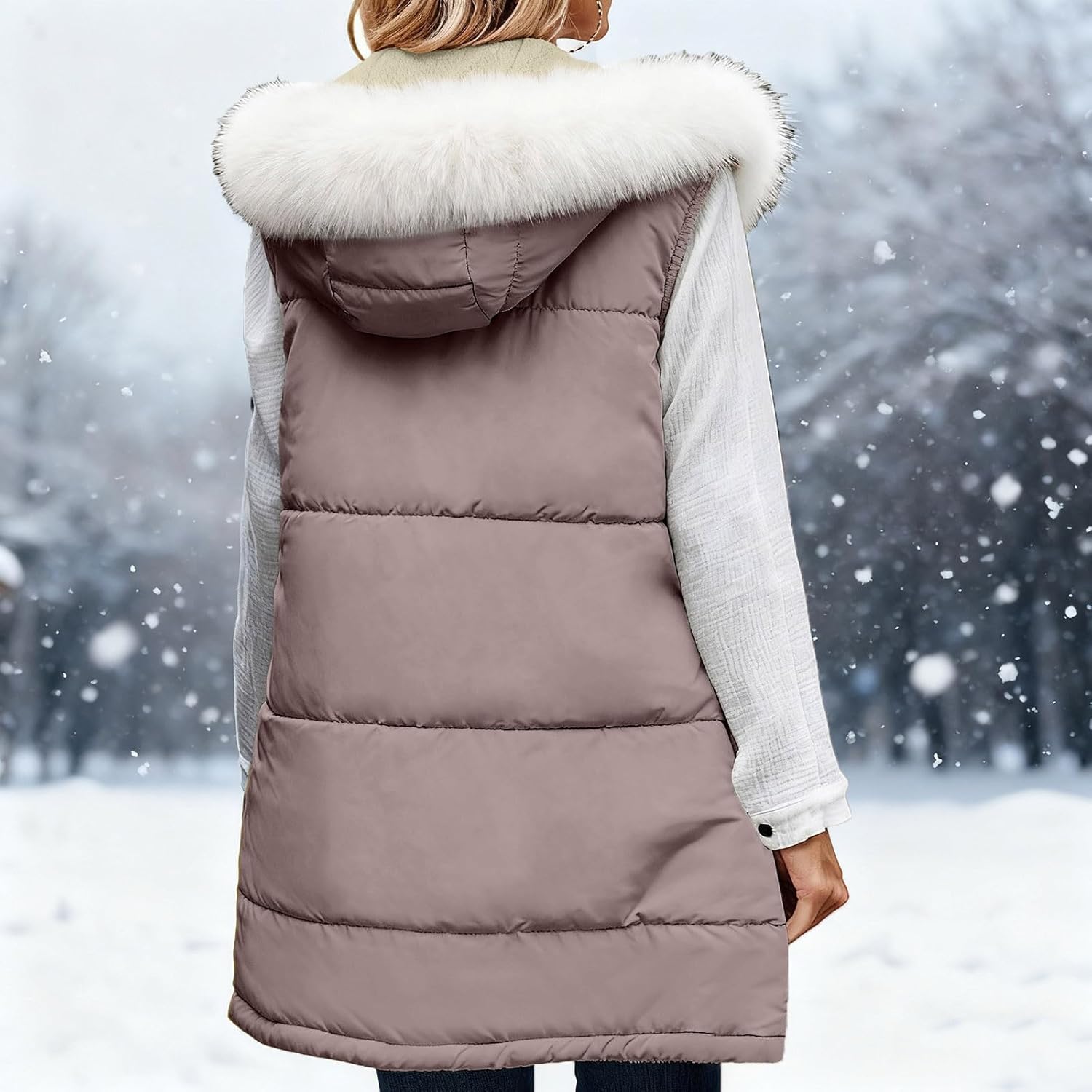 Women's Long Puffer Vest Fleece Lined Warm Casual Sleeveless Jackets Winter Padded Coat with Removable Fur Hooded