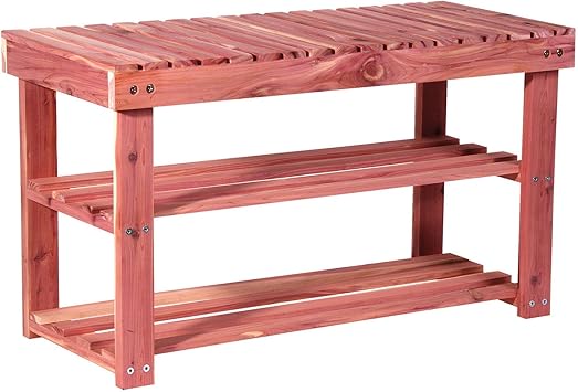 Household Essentials CedarFresh 2-Tier Cedar Shoe Rack and Seat Bench, 31.5"w x 17.5"h x 12.4"d, Red,natural