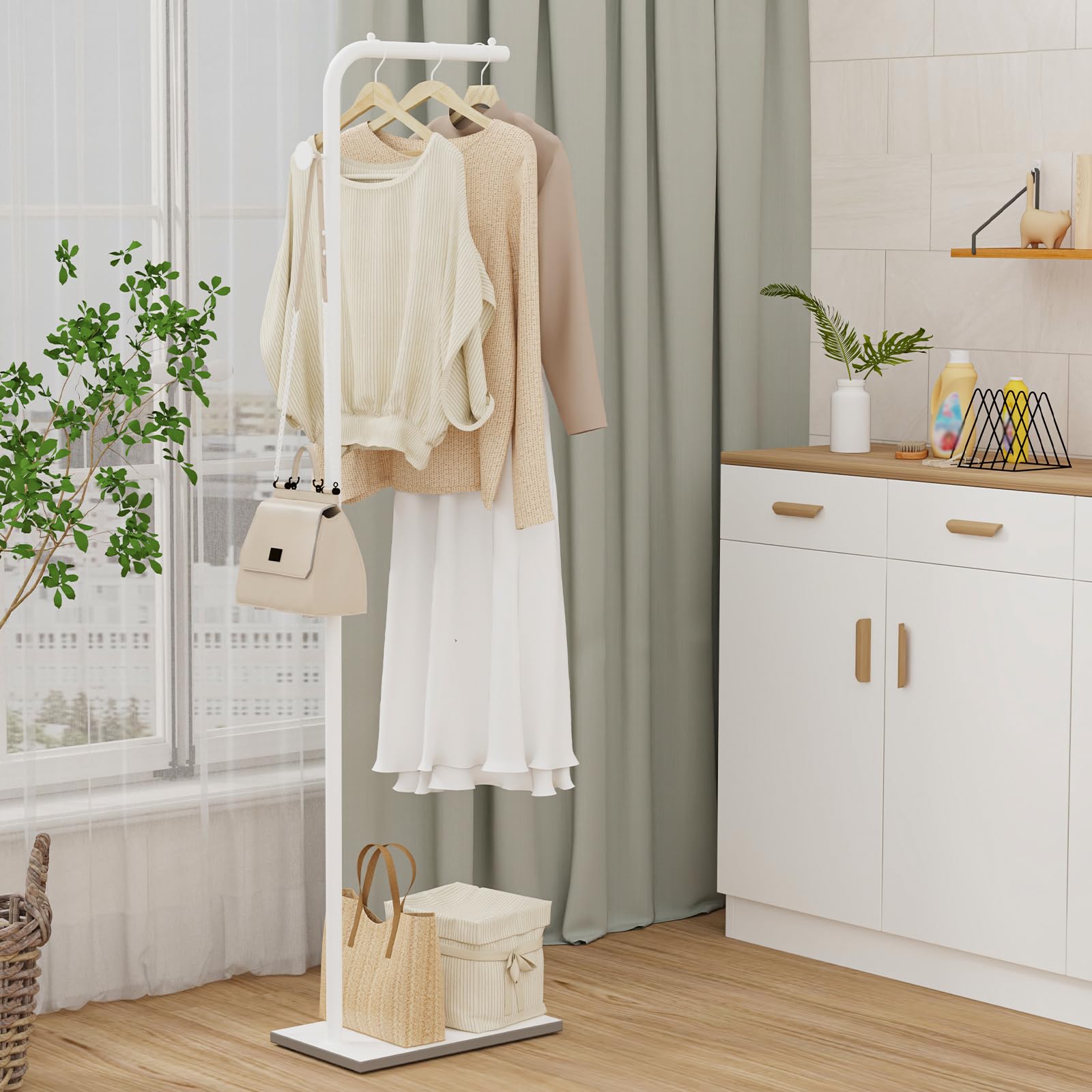 OUTBORS Attaccapanni da Terra,Metallo Appendiabiti da Moderno, Autoportante Porta abiti con Ganci, per Soggiorno, Camera da Letto, Ufficio, 39 x 26 x 180 cm, Bianco