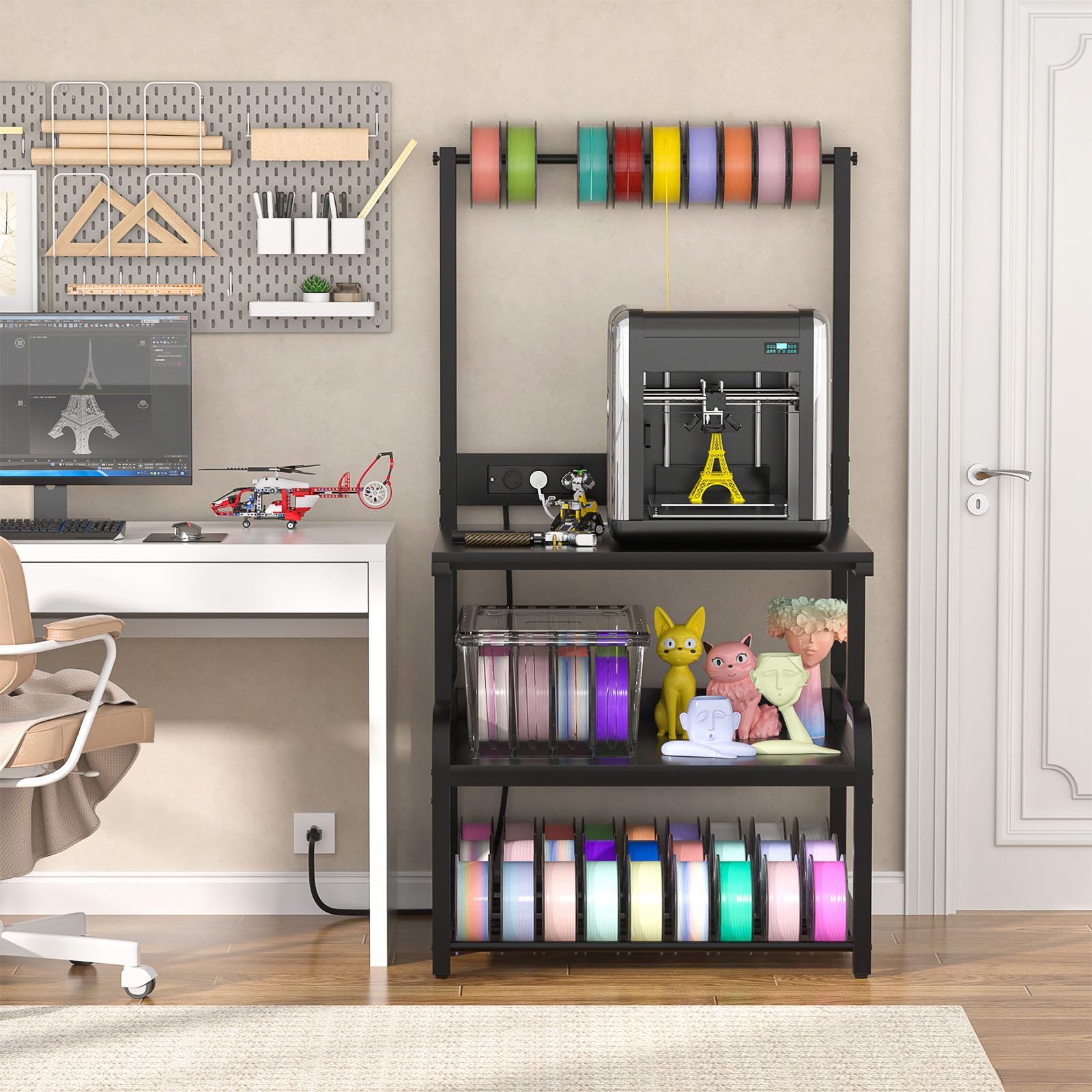 Homieasy 3D-Druckertisch, 74x58 cm,3D Drucker Stand mit Ladestation & Filament-Aufbewahrung, rollbar, für Werkstatt/Büro (Schwarz)