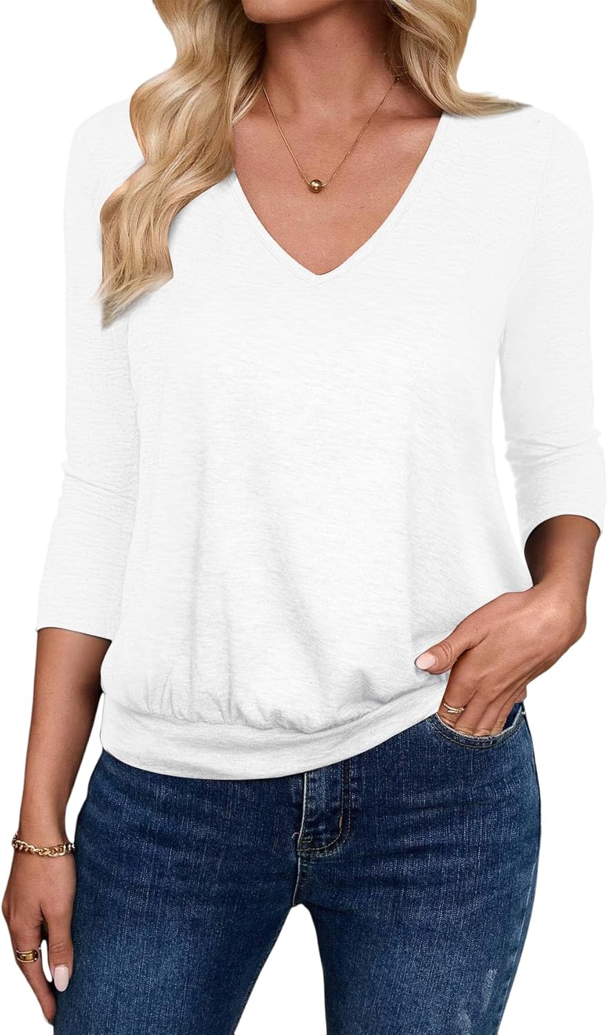 3/4 Length Sleeve Womens Tops V Neck Blouse Banded Bottom Shirts Fashion Tunic 2025 Fall Tees Spring Summer Clothes