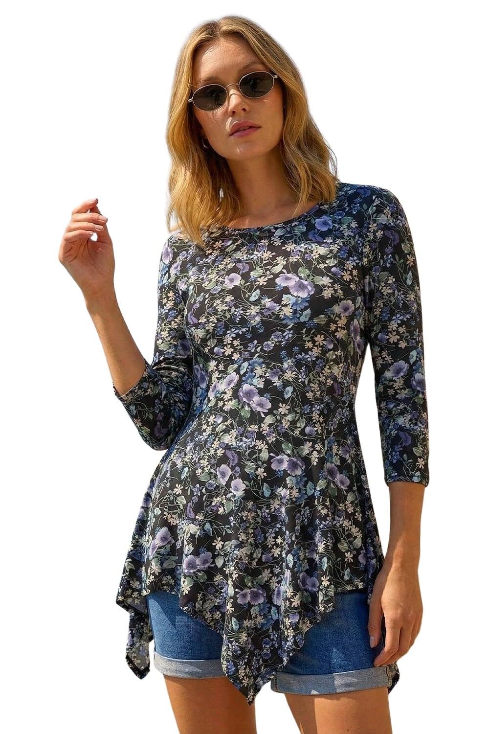 Roman Originals Women's Purple Multi Asymmetric Top Hanky Hem Blouse Stretchy Tunic Occasion Smart Casual Summer Sprint Winter Autumn Cocktail Party Evening 3/4 Short Sleeve - Size 18