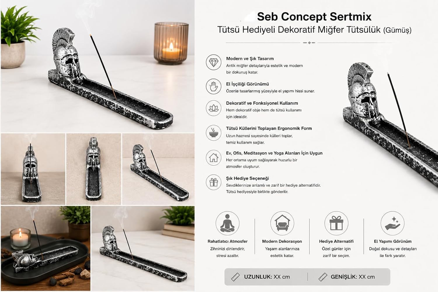 Seb Concept Sertmix Tütsü Hediyeli Dekoratif Miğfer Tütsülük (Gümüş)