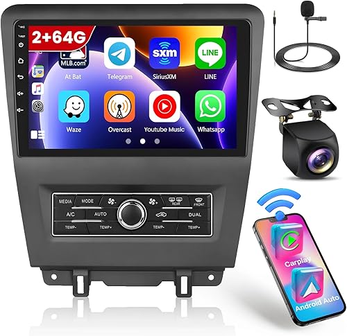 Roinvou Estéreo Android CarPlay 2+64G para Ford Mustang V S-197 2009-2017, CarPlay inalámbrico integrado con Android Auto, pantalla táctil de 10.1