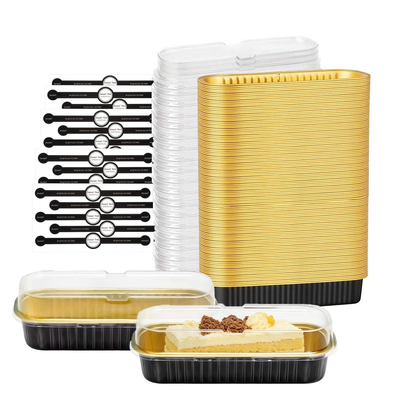 Yumzxin 100 Pack 200ml Pink Aluminum Foil Mini Loaf Pans with Lids and Sealing Stickers, Small Cake Baking Containers (Black)
