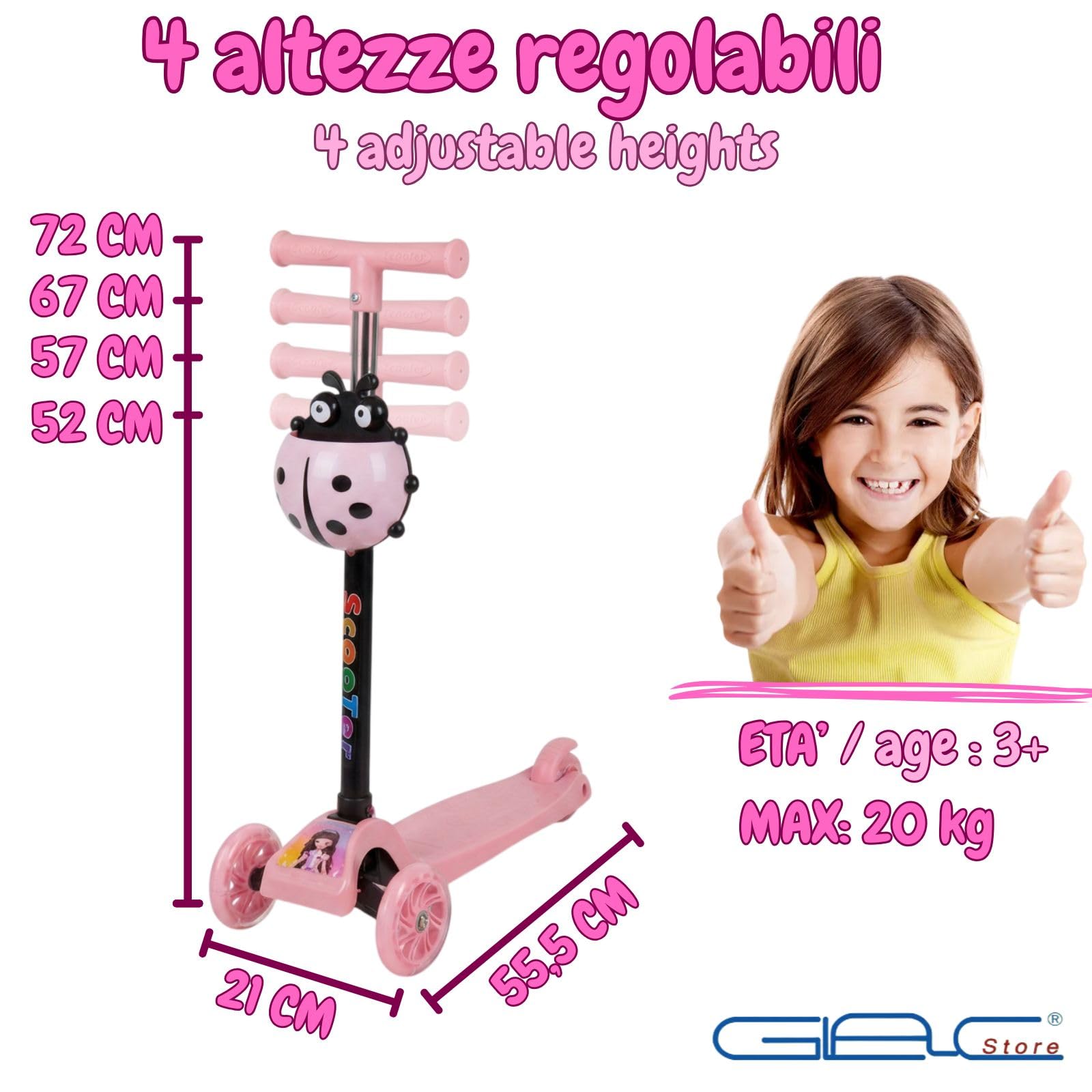 Monopattino per Bambini 3+, 3 Ruote con Luci LED, Manubrio Regolabile 52-72 cm, Design Coccinella, Rosa o Azzurro