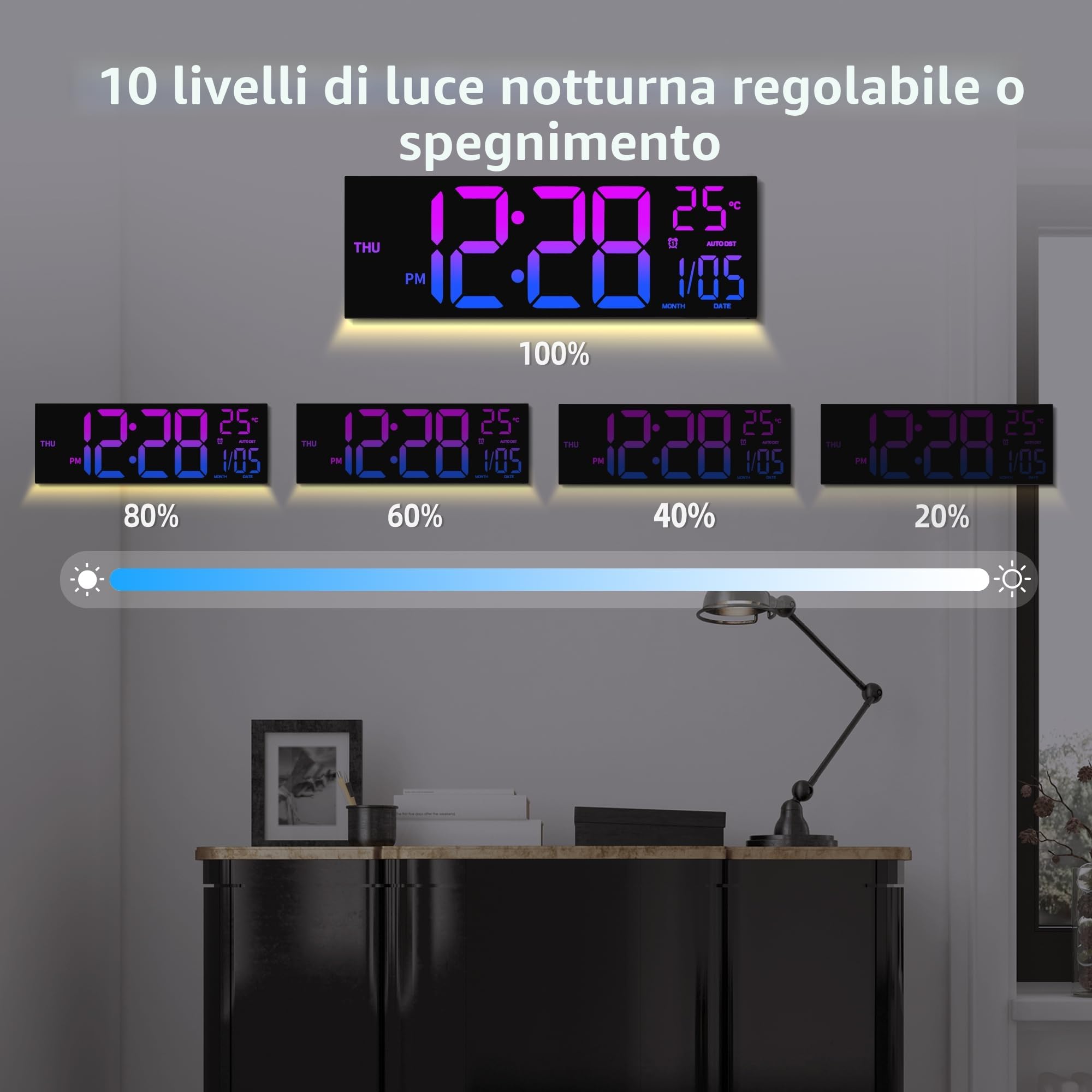 HAITANG Orologio da parete digitale in 8 colori, grande orologio digitale da 41,1 cm con temperatura, data, auto DST, luce notturna, dimmer automatico della luminosità, orologio da parete 24/12. Nero