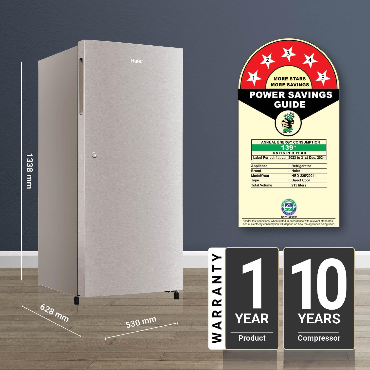 Haier 215L 5-Star Direct Cool Single Door Refrigerator (HED-225TS