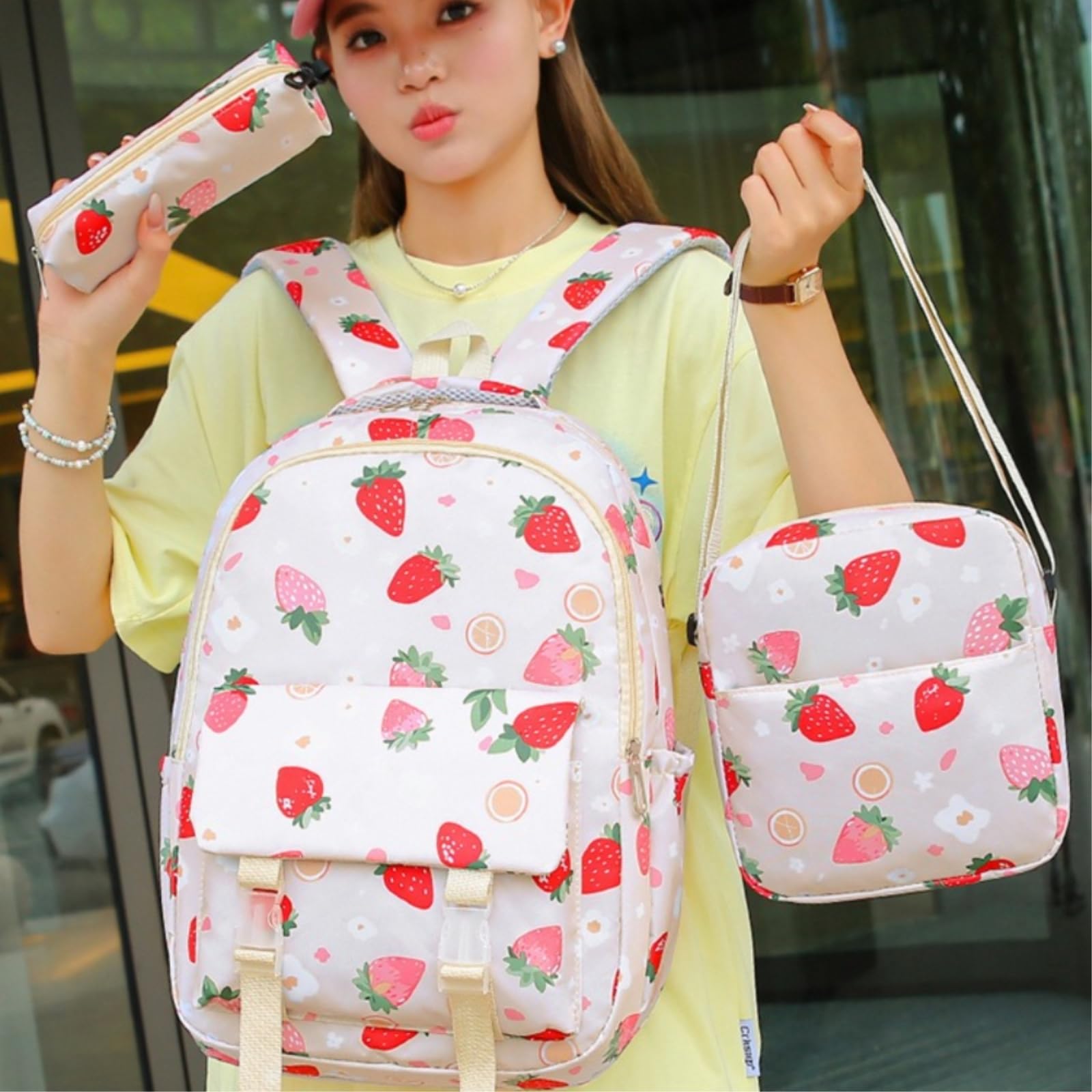 Zaino da Viaggio Set di 3pcs, Carino Strawberry Stampa Azzurro Chiaro Scolastico con Borsa Crossbody & Caso Matita