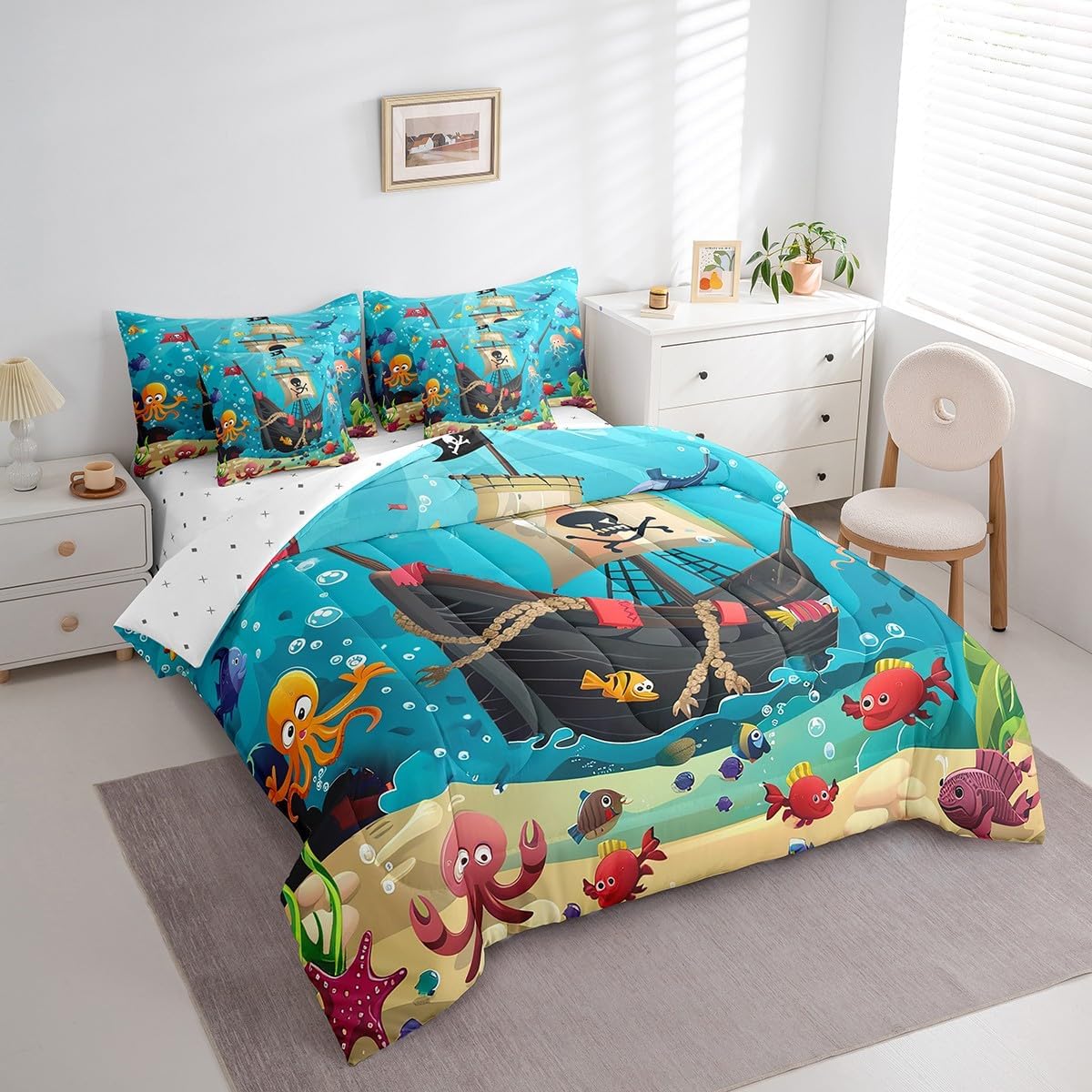 Cartoon Pirate Ship Comforter Set Queen Size,Marine Adventure Bed Set 7pcs with Comforter,Fitted Sheet,Flat Sheet,2 Pillowcases and 2 Throw Pillow Covers,Underwater Fish Bedding for Kids