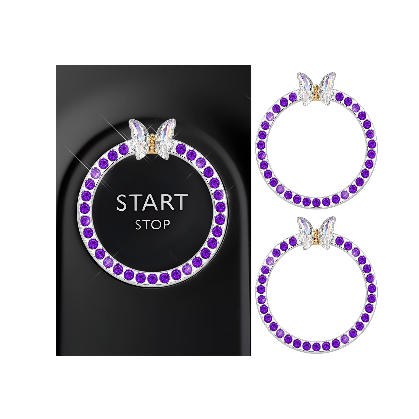 DXNQ 2PCS Bling Ring Emblem, Sparkling Butterfly Car Buttons and Knobs Ring, Girly Butterfly Diamond Car Engine Start Button Cover, Key Ignition Knob Rings Decoration for Women (Purple, Single Row)