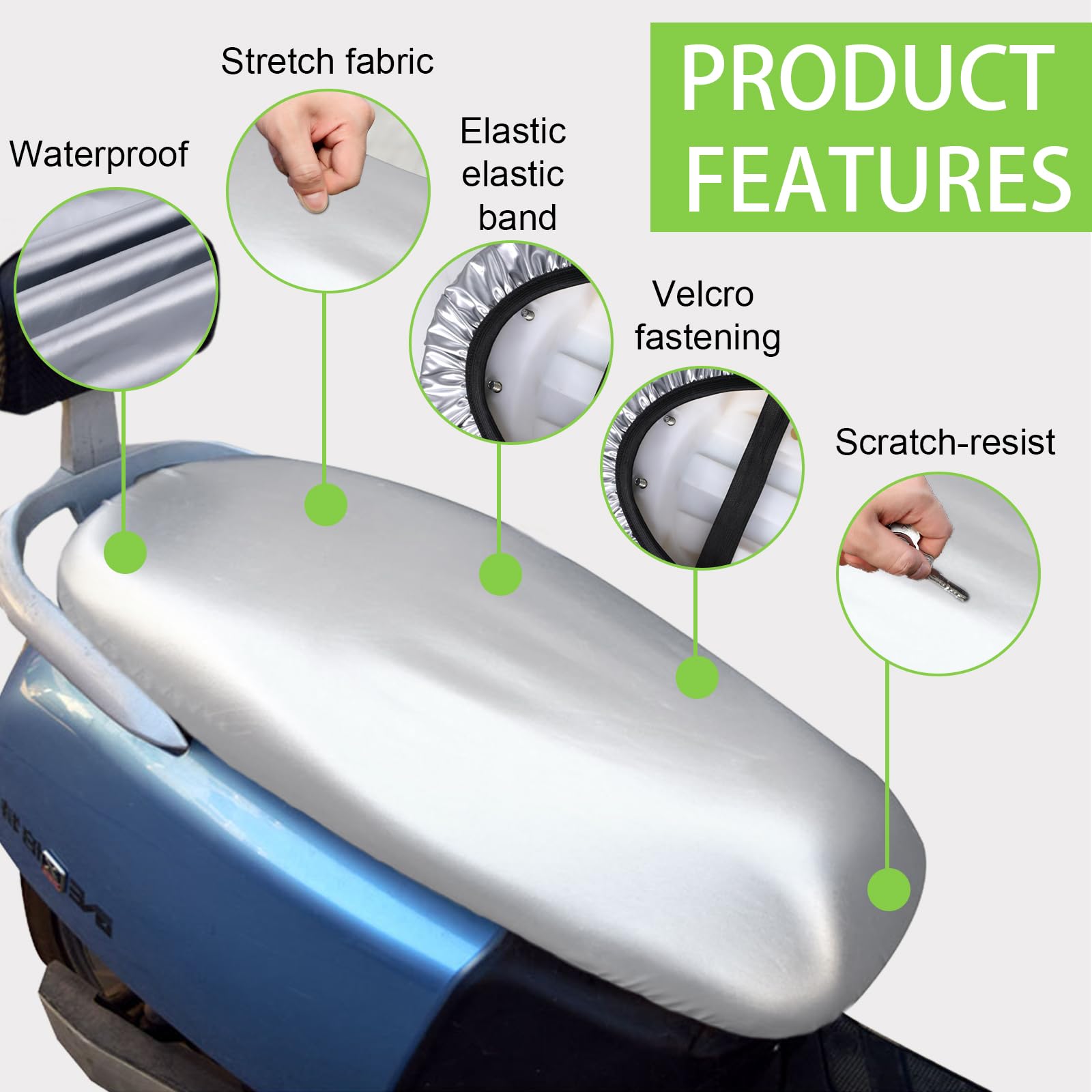 Funda Asiento Moto Antideslizante y Resistente a Arañazos, Protección Universal, Asiento Moto Protege de La Lluvia y el Sol, Funda Scooter para Todo Tipo de Motos y Scooters (Plateado)