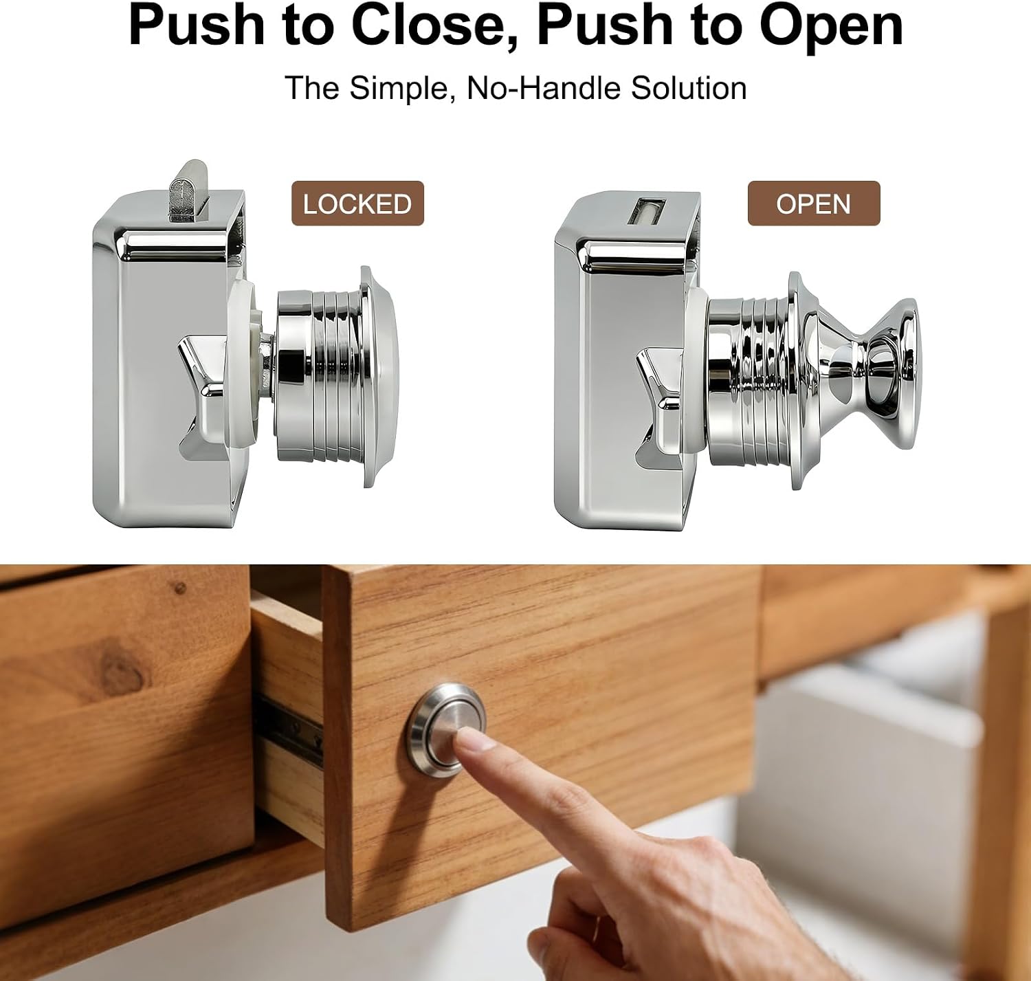 LENKRAD RV Push Button Cabinet Door Lock & Marine Drawer Latches, Boat Cupboard Latch Push-to-Open Locks & Closures for Yachts, Campers, Caravans (ABS Body & Zinc Alloy Chrome) - 5 Pcs