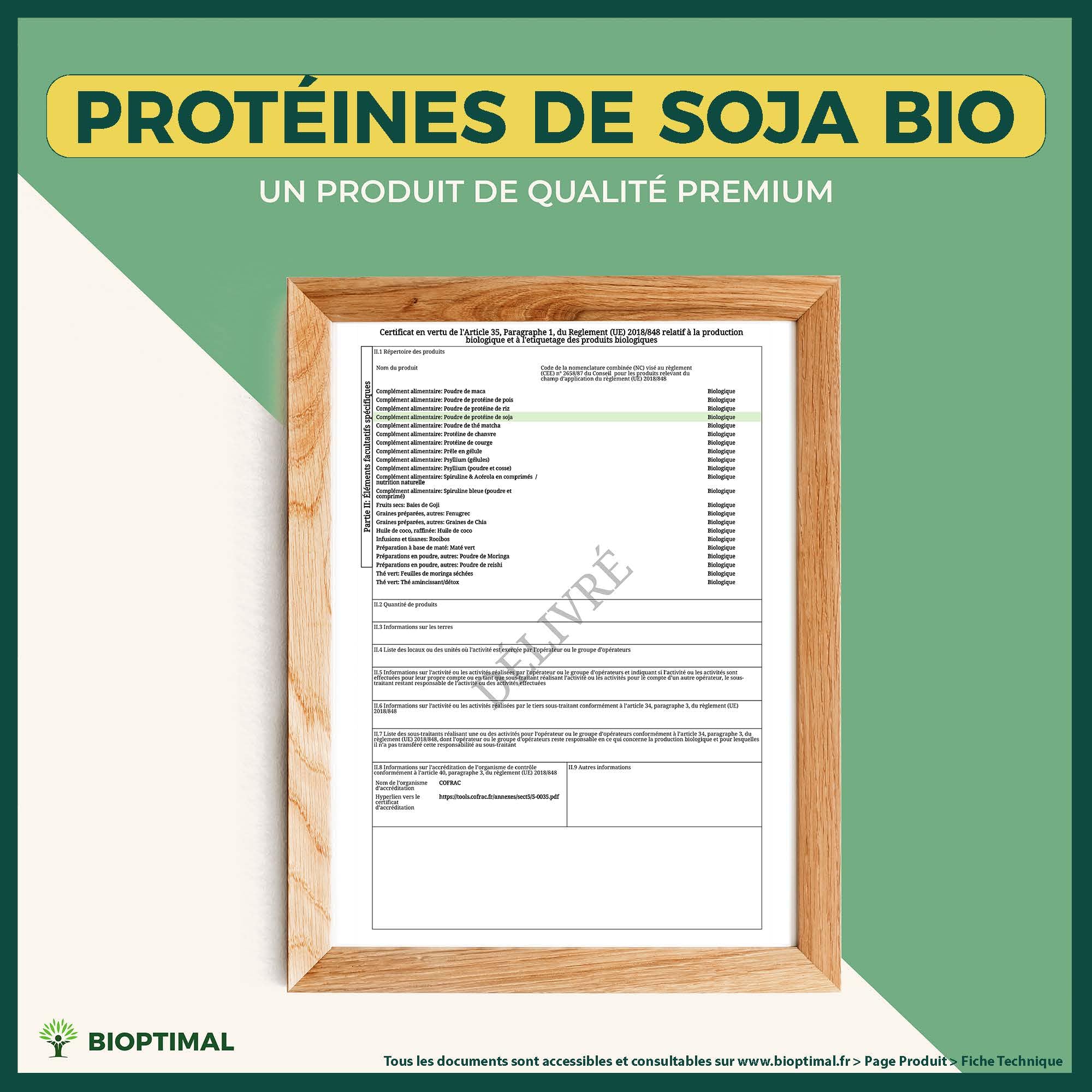 Protéine de Soja Bio - Bioptimal - 92% Protéines 17% BCAA - Haute Digestibilité - Energie Musculation - Poudre de Fève de Soja Biologique - 100% Pur - Conditionné en France - Certifié Ecocert - 1,5 kg