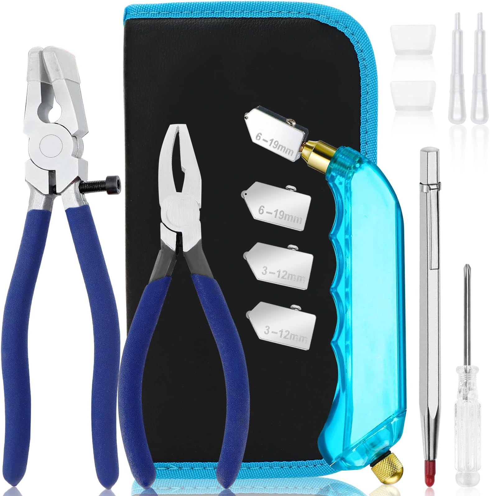 YOTINO Glass Cutting Tool Kit Includes Blue Grip Oil Feed Glass Cutter with 2 pliers, 3 Extra Replacement Head, Tungsten Scribe Engraving Pen, Screwdriver and Oil Dropper